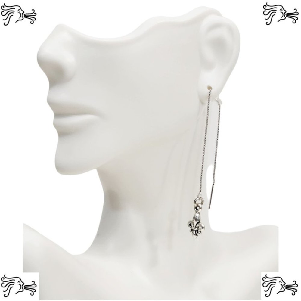 Threader Chain Earrings Fleur de Lis Charm Silver